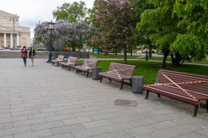 Москва. Ограждение на скамейках в сквере Большого театра.