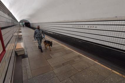 Москва. Сотрудник полиции с собакой на станции метро `Проспект Мира`.