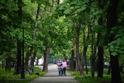 Москва. Посетители гуляют на  территории парка.