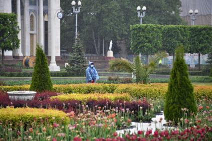 Москва. Прохожие гуляют на территории  ВДНХ , открывшегося  для посещений в рамках второго этапа снятия ограничений в Москве, введенных для предотвращения распространения коронавируса.