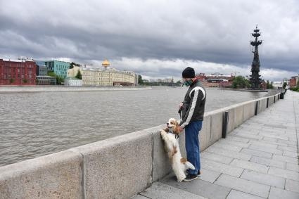 Москва.  Мужчина гуляет с собакой на Крымской набережной.