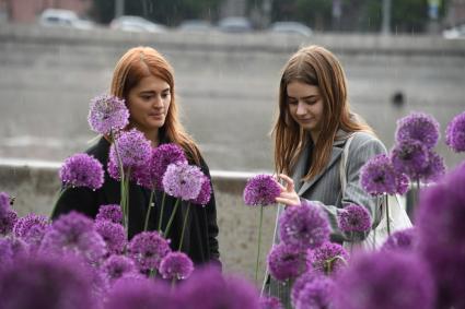 Москва.  Девушки у клумбы с цветами.