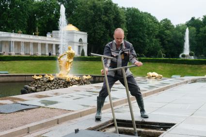 Петергоф. Рабочий открывает заглушку для подачи воды в фонтаны в Государственном музее-заповеднике Петергоф.