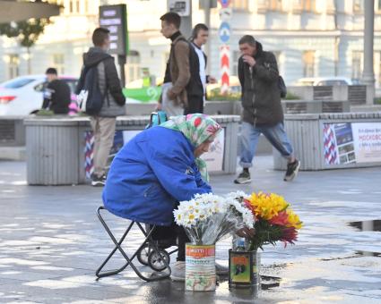 Москва.  Пожилая женщина продает цветы на улице.