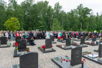 Санкт-Петербург. Родственники погибшего экипажа подводной лодки `Курск` во время памятной церемонии на аллее героев на Серафимовском кладбище в 20-ю годовщину со дня катастрофы.