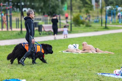 Москва. Волонтеры и собаки-спасатели патрулируют пляжи города.