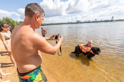 Москва. Мужчина фотографирует собаку породы ньюфаундленд на пляже.