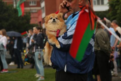 Минск. Мужчина с собачкой во время митинга в поддержку президента Белоруссии Александра Лукашенко.