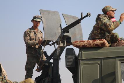 Сирия. Сирийский военный у зенитного орудия.