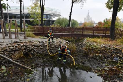 Москва.  Осушение одного из прудов в парке `Зарядье` для вылова теплолюбивых карпов и отправки их на зимовку.