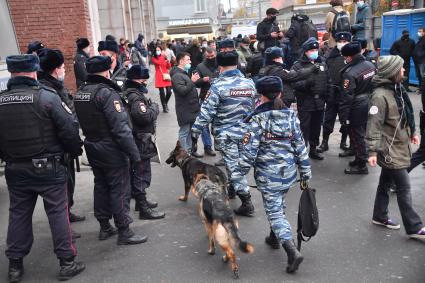 Москва. Полицейское оцепление у метро  `Цветной бульвар`в День народного единства.