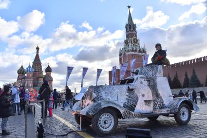 Москва. Советский легкий бронеавтомобиль ФАИ-М в музее инсталляций  на Красной площади в честь годовщины военного парада 1941 года.