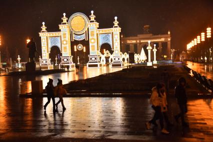 Москва. Новогодняя иллюминация на Центральной аллее ВДНХ.