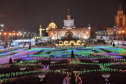 Москва. Новогодняя иллюминация на Центральной аллее  и катке  на ВДНХ.