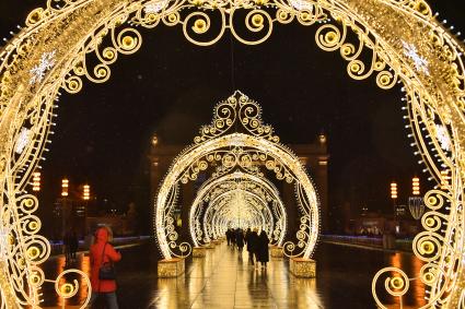 Москва. Новогодняя иллюминация на Центральной аллее ВДНХ.