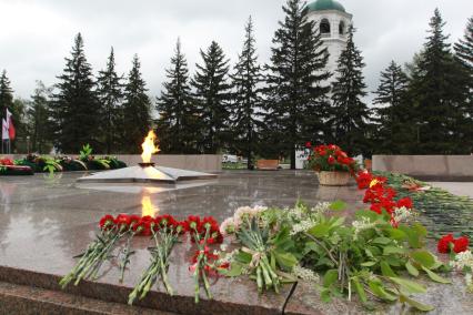 Иркутск. Цветы у мемориала`Вечный огонь` во время празднования Дня Победы.