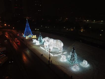 Москва.  Вид на новогоднюю иллюминацию `Полярные медведи`в парке у Ростокинского акведука.