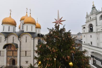 Москва. Украшение главной новогодней елки страны на Соборной площади в Кремле.