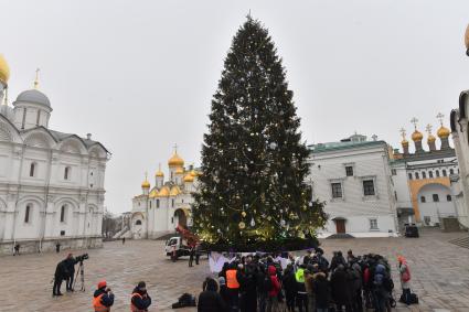 Москва.  Пресс-секретарь Управления делами президента РФ Елена Крылова во время украшения главной новогодней елки страны на Соборной площади в Кремле.