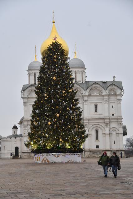 Москва. Украшенная новогодняя елка на Соборной площади Московского Кремля.