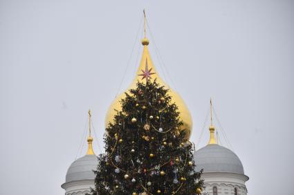 Москва. Украшенная новогодняя елка на Соборной площади Московского Кремля.