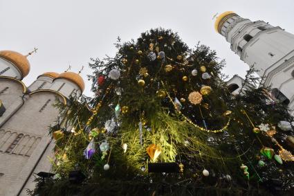 Москва. Украшенная новогодняя елка на Соборной площади Московского Кремля.