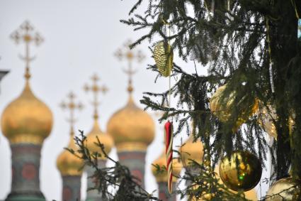 Москва.  Украшенная новогодняя елка на Соборной площади Московского Кремля и купола Теремных церквей.