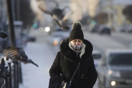 Екатеринбург. Горожане на одной из улиц города во время зимних морозов