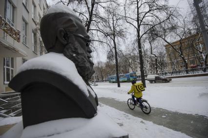 Екатеринбург. Курьер службы доставки \'Яндекс.Еда\' во время зимних морозов