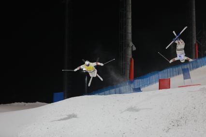 Красноярск. Спортсмены во время соревнований по фристайлу в дисциплине парный могул в рамках Всемирной зимней универсиады.