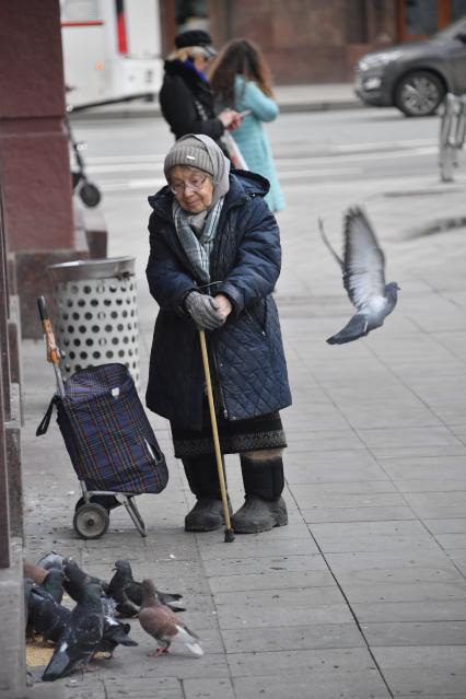 Москва. Пожилая женщина стоит на улице и смотрит на голубей.