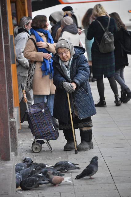 Москва. Пожилая женщина стоит на улице и смотрит на голубей.