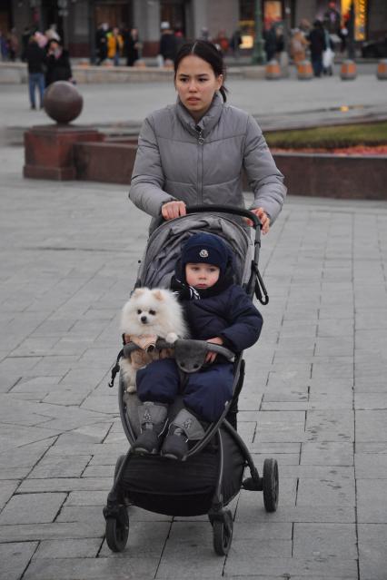 Москва. Женщина везет ребенка и собаку в детской коляске.