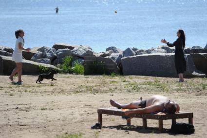 Санкт-Петербург.  Отдыхающие на пляже `Морские дубки ` на Финском заливе.