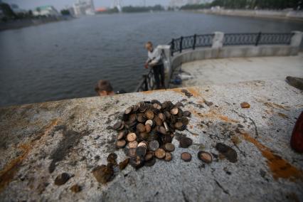 Екатеринбург. Подросток Александр показываетденьги, выловленные из городского пруда, с помощью мощного магнита