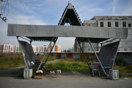 Екатеринбург. Женщина торгует на остановке, на окраине города