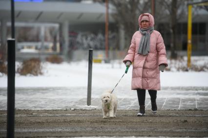 Екатеринбург. Женщина гуляет с собакой