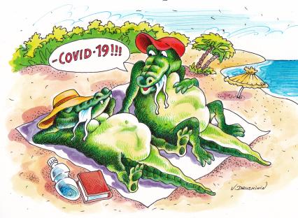 Карикатура. Крокодилы с масками в зубах на пляже.