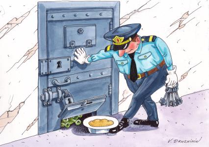 Карикатура. Надзиратель в тюрьме придвигает ногой тарелку с едой к камере, где находится заключенный `Коронавирус`.