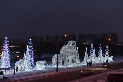 Москва.  Вид на новогоднюю иллюминацию `Полярные медведи`в парке у Ростокинского акведука.