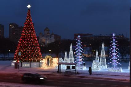 Москва.  Вид на новогоднюю иллюминацию `Полярные медведи`в парке у Ростокинского акведука.