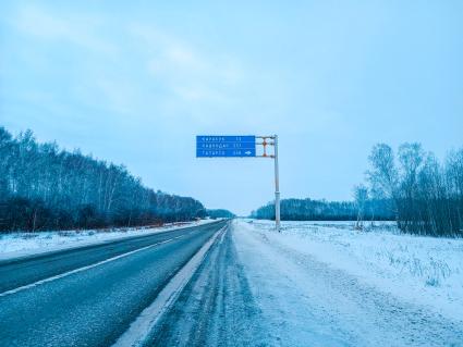 Новосибирская область. Карасукский район. КПП `Павловка` на российско-казахстанской границе. Указатель на города Карасук, Павлодар, Татарск.