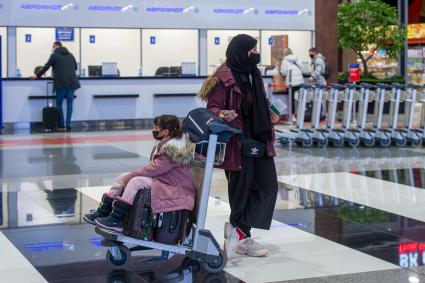 Москва. Пассажиры в Международном аэропорту Шереметьево имени А. С. Пушкина.