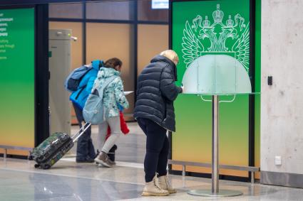 Москва. Пассажиры в Международном аэропорту Шереметьево имени А. С. Пушкина.