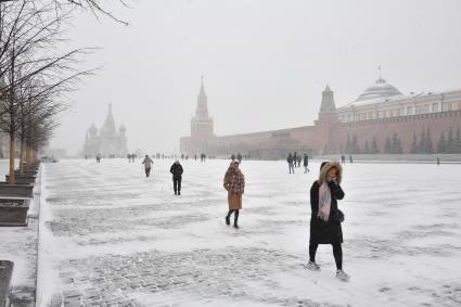 Москва. Люди на Красной площади во время снегопада.