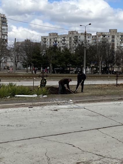 Украина. г.Мариуполь. Местные жители хоронят своих близких в городе. Мужчины выкапывают могилу на газоне рядом с дорогой.