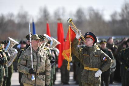 Московская область. Алабино. Музыканты военного оркестра  на репетиции военного парада, приуроченного к 77-летию Победы в Великой Отечественной войне.