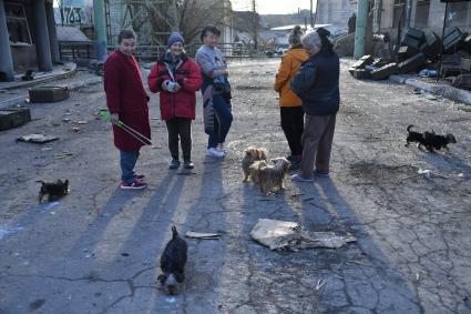 Донецкая область. г.Мариуполь. Люди и собака на одной из улиц города, пострадавшего в результате обстрела.