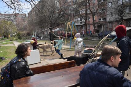 Донецкая область. г.Мариуполь. Дети играют в одном из дворов города.