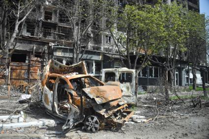 Донецкая область. г.Мариуполь. В разрушенной в результате боев центральной части города.